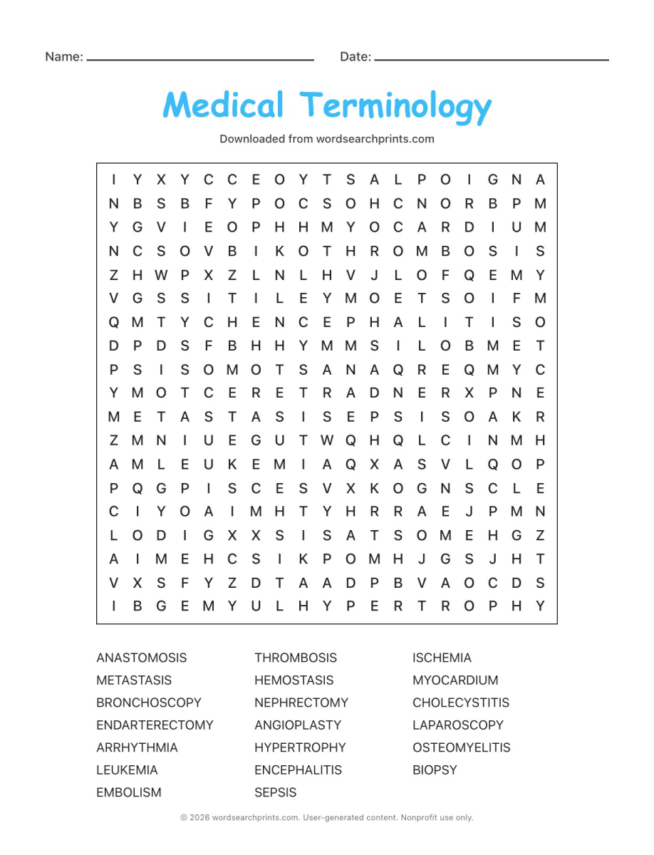 Medical Terminology Word Search printable worksheet preview