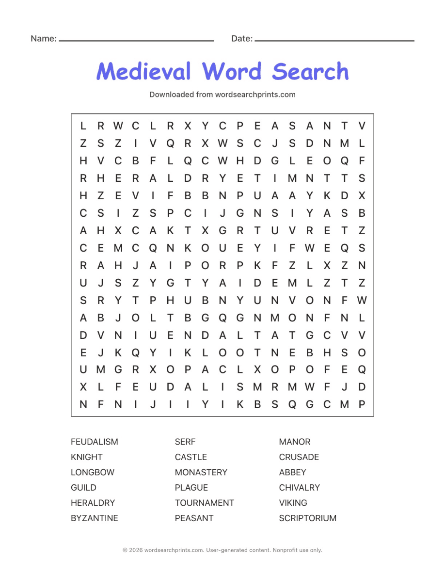 Medieval Word Search printable worksheet preview