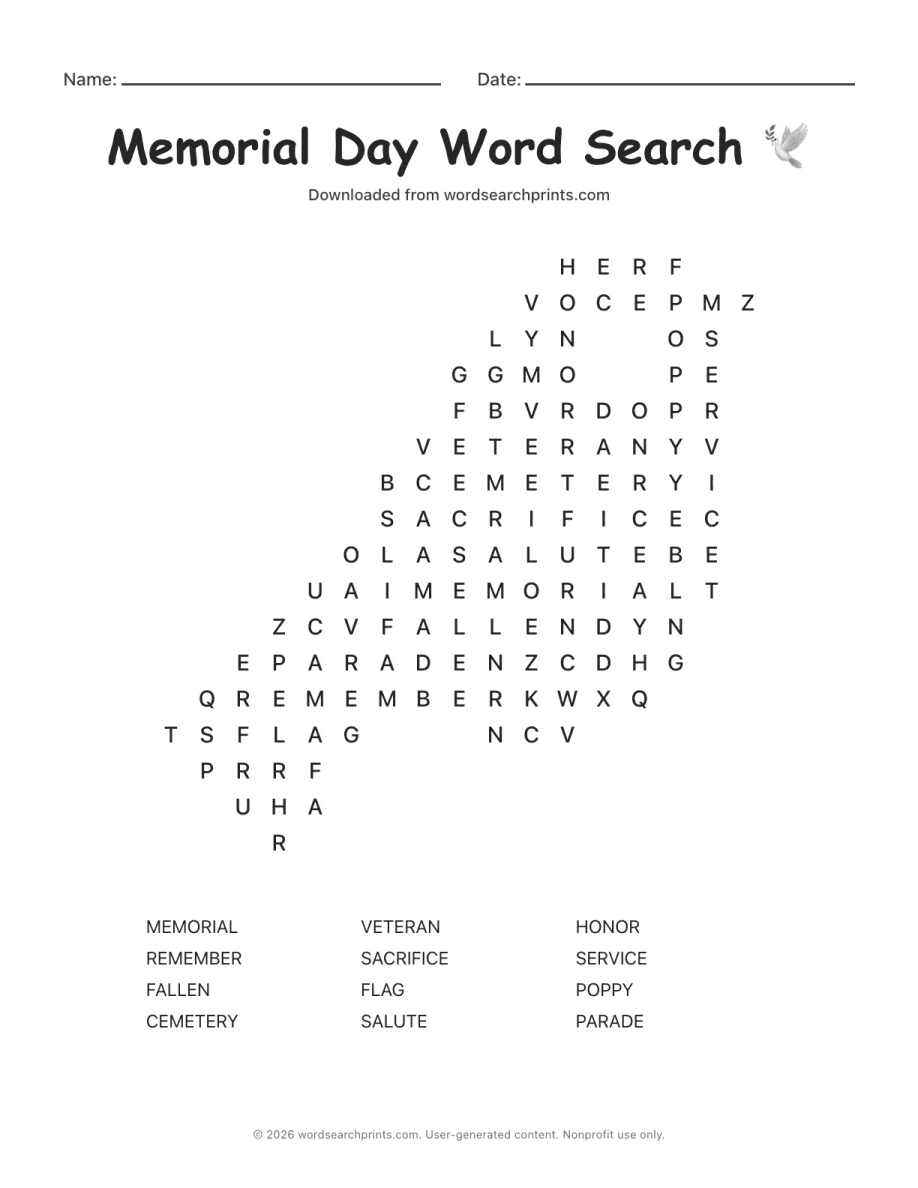 Memorial Day Word Search printable worksheet preview