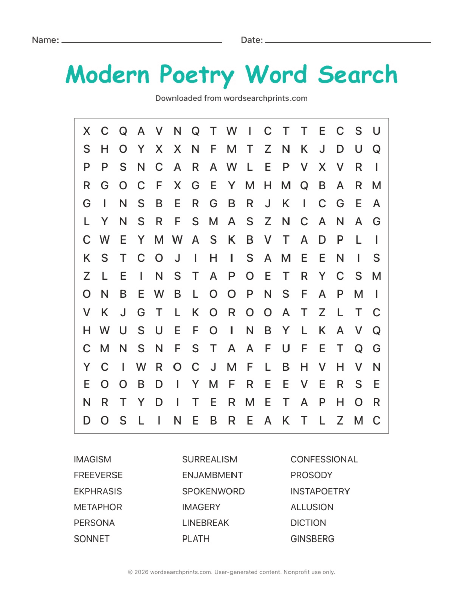Modern Poetry Word Search printable worksheet preview