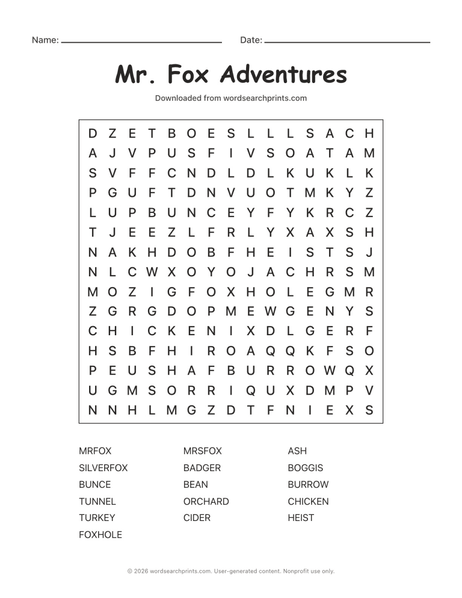 Mr. Fox Adventures Word Search printable worksheet preview