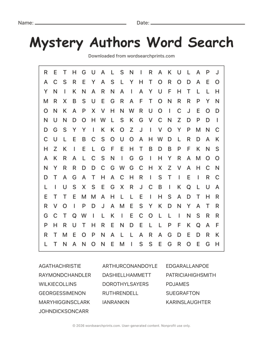 Mystery Authors Word Search printable worksheet preview