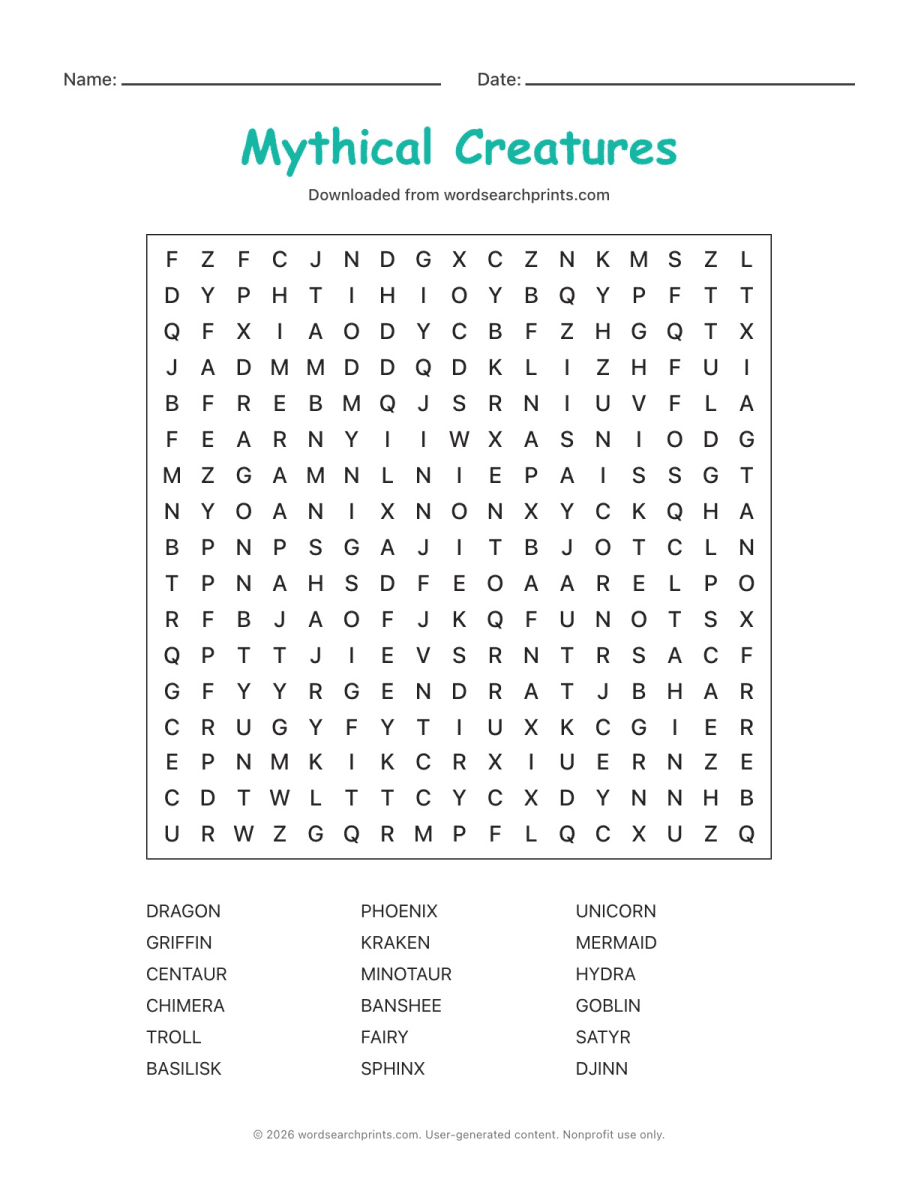 Mythical Creatures Word Search printable worksheet preview