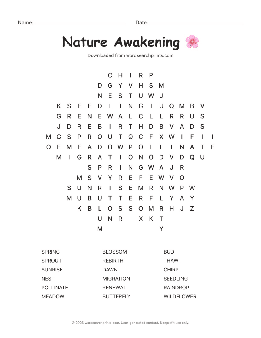 Nature Awakening Word Search printable worksheet preview