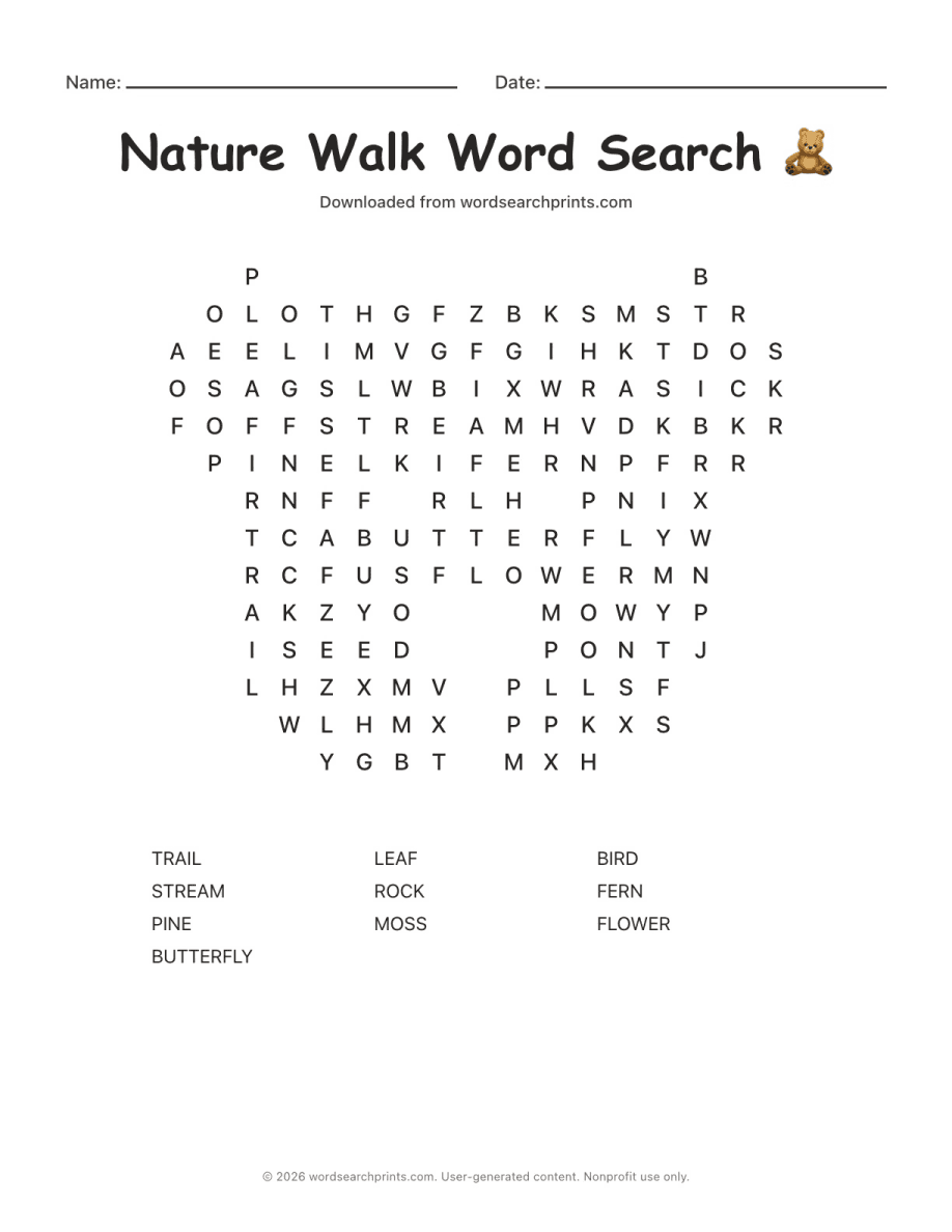 Nature Walk Word Search printable worksheet preview