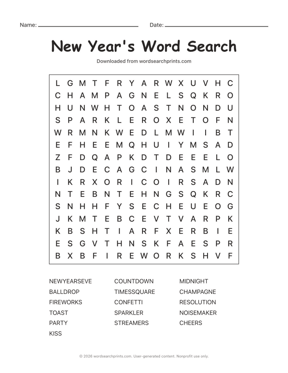 New Year's Word Search printable worksheet preview