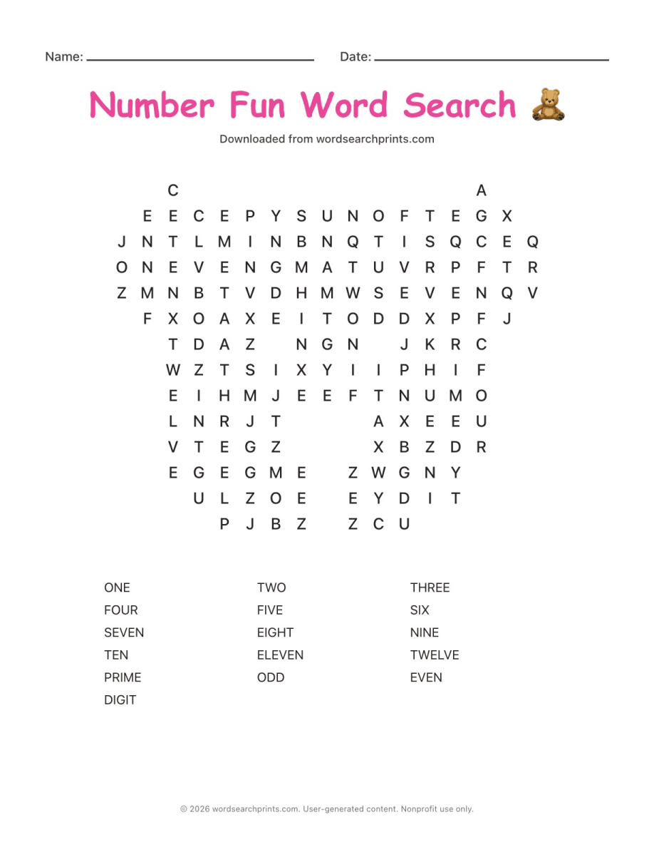 Number Fun Word Search printable worksheet preview