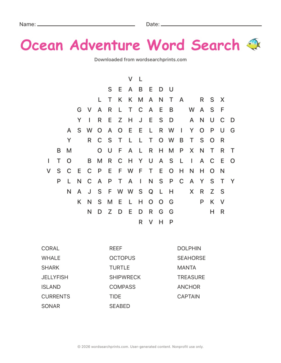 Ocean Adventure Word Search printable worksheet preview