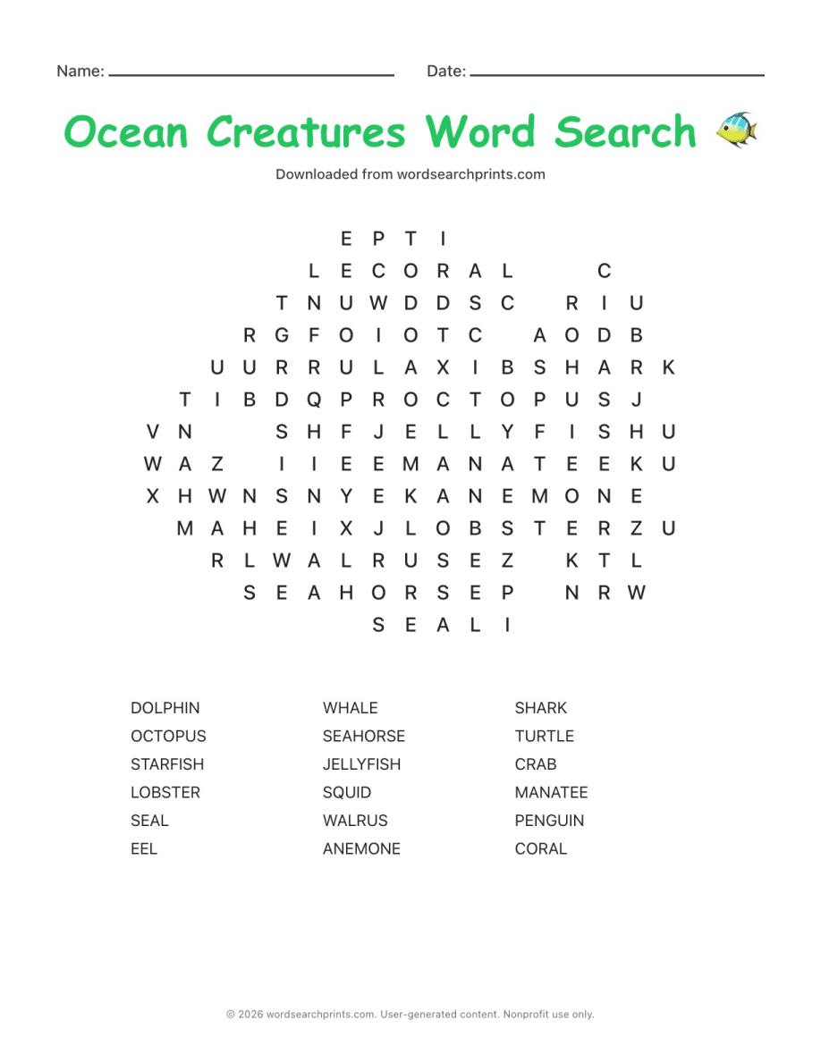 Ocean Creatures Word Search printable worksheet preview
