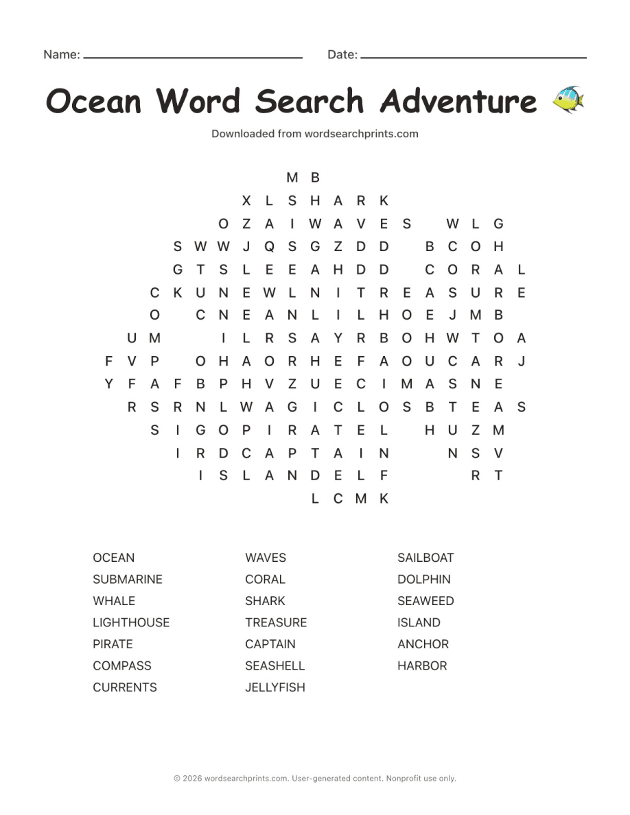 Ocean Word Search Adventure printable worksheet preview