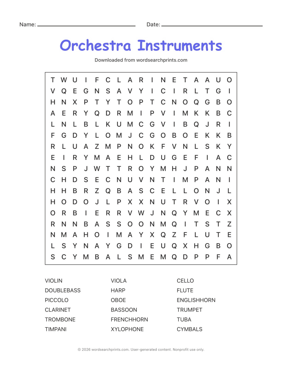 Orchestra Instruments Word Search printable worksheet preview