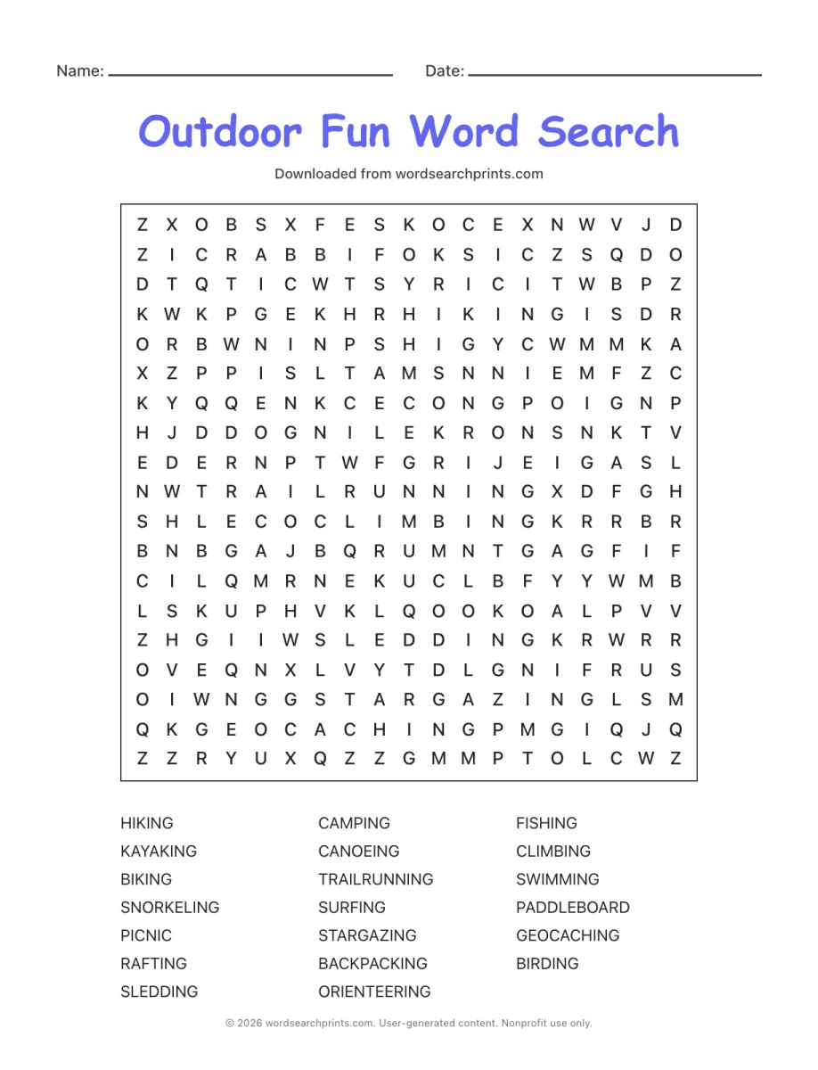 Outdoor Fun Word Search printable worksheet preview