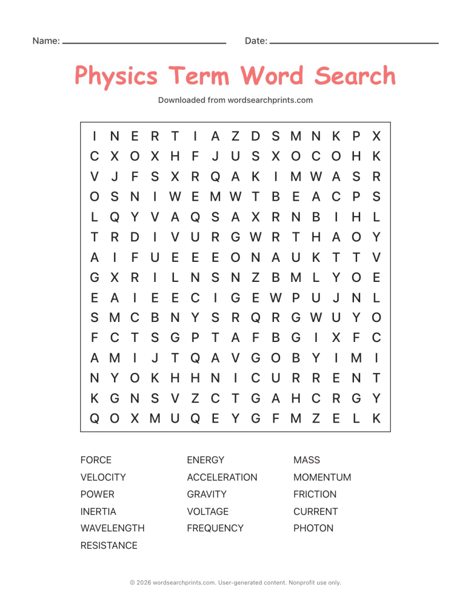 Physics Term Word Search printable worksheet preview