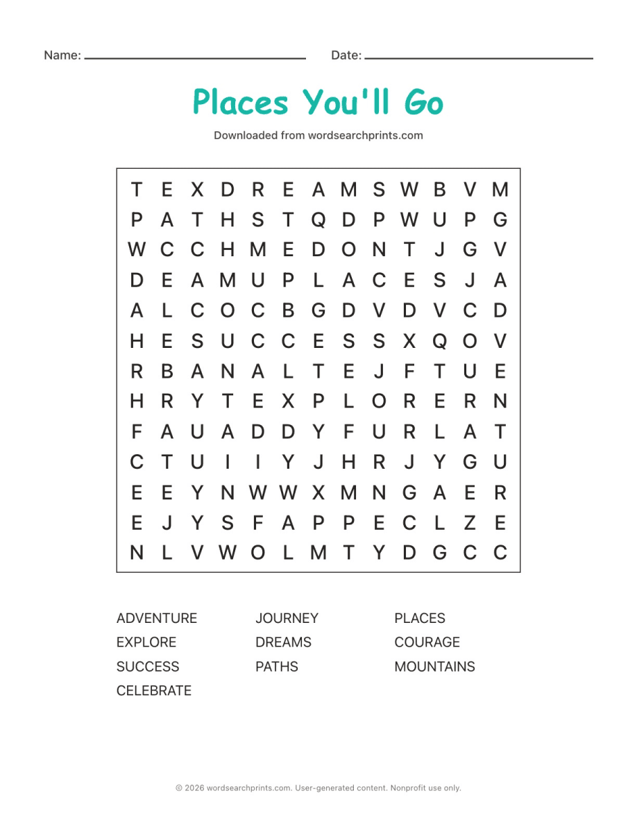 Places You'll Go Word Search printable worksheet preview