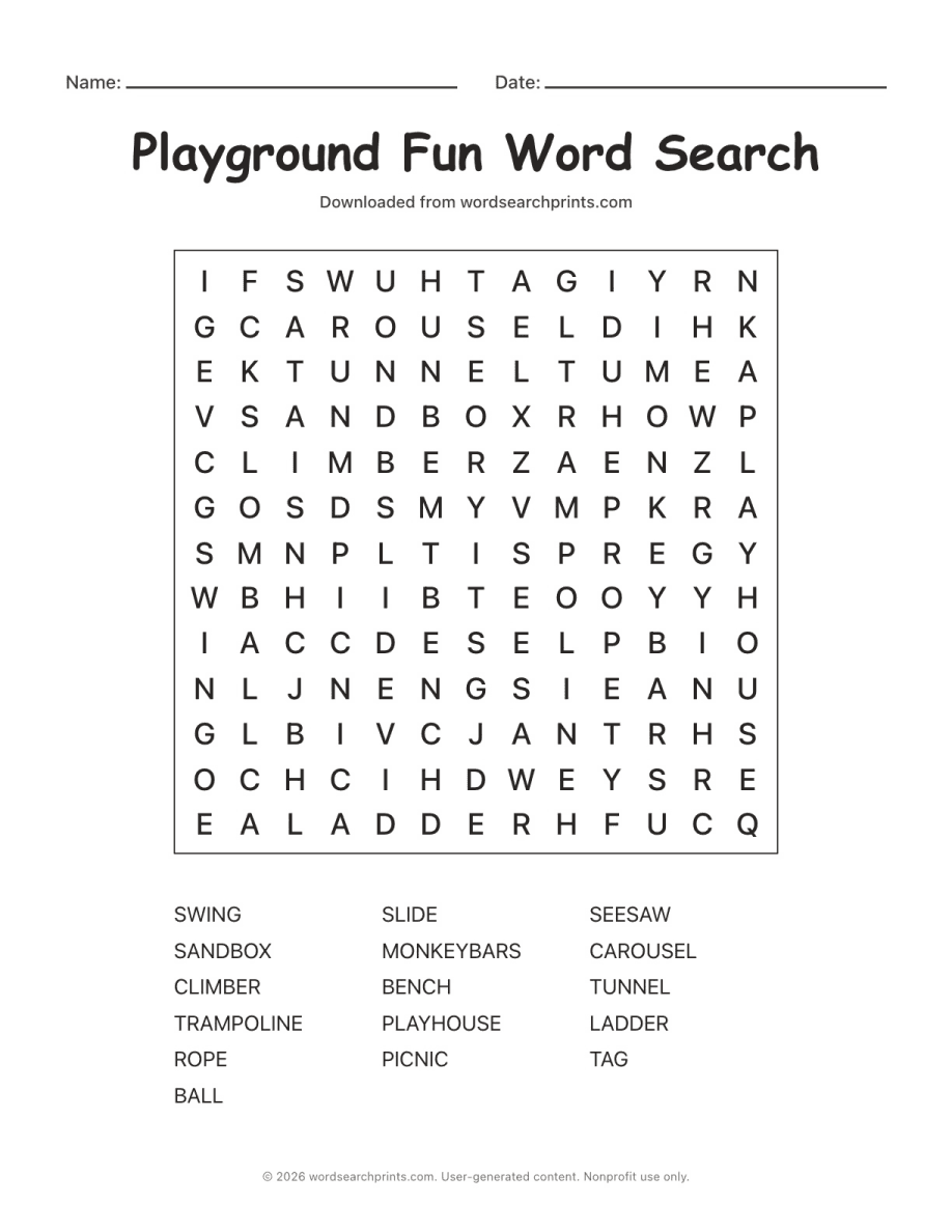Playground Fun Word Search printable worksheet preview