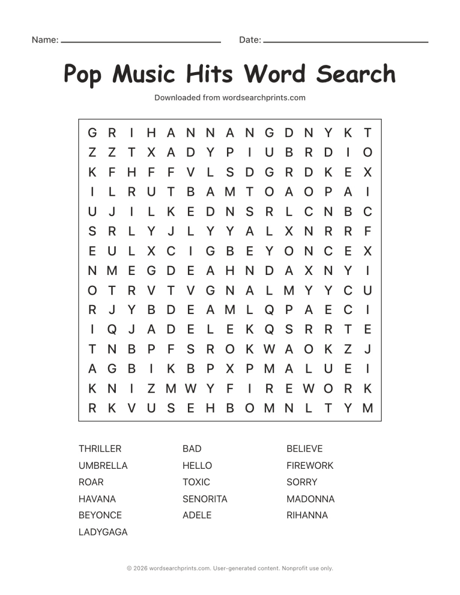 Pop Music Hits Word Search printable worksheet preview