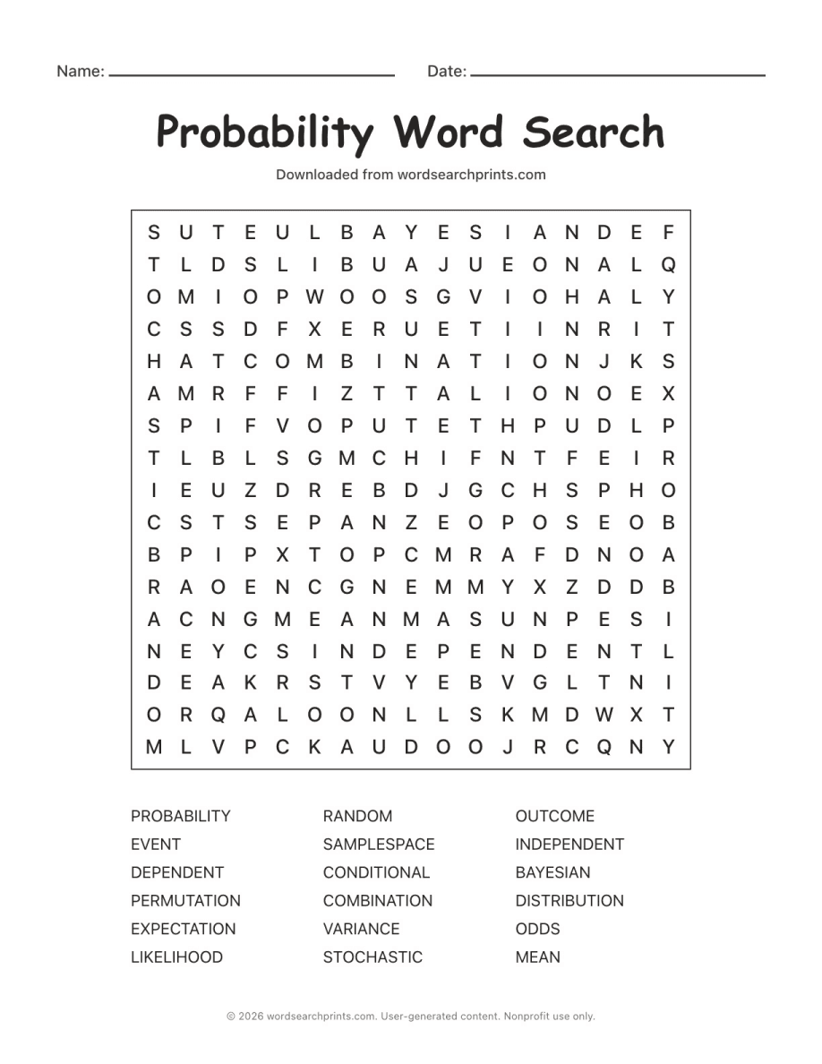 Probability Word Search printable worksheet preview