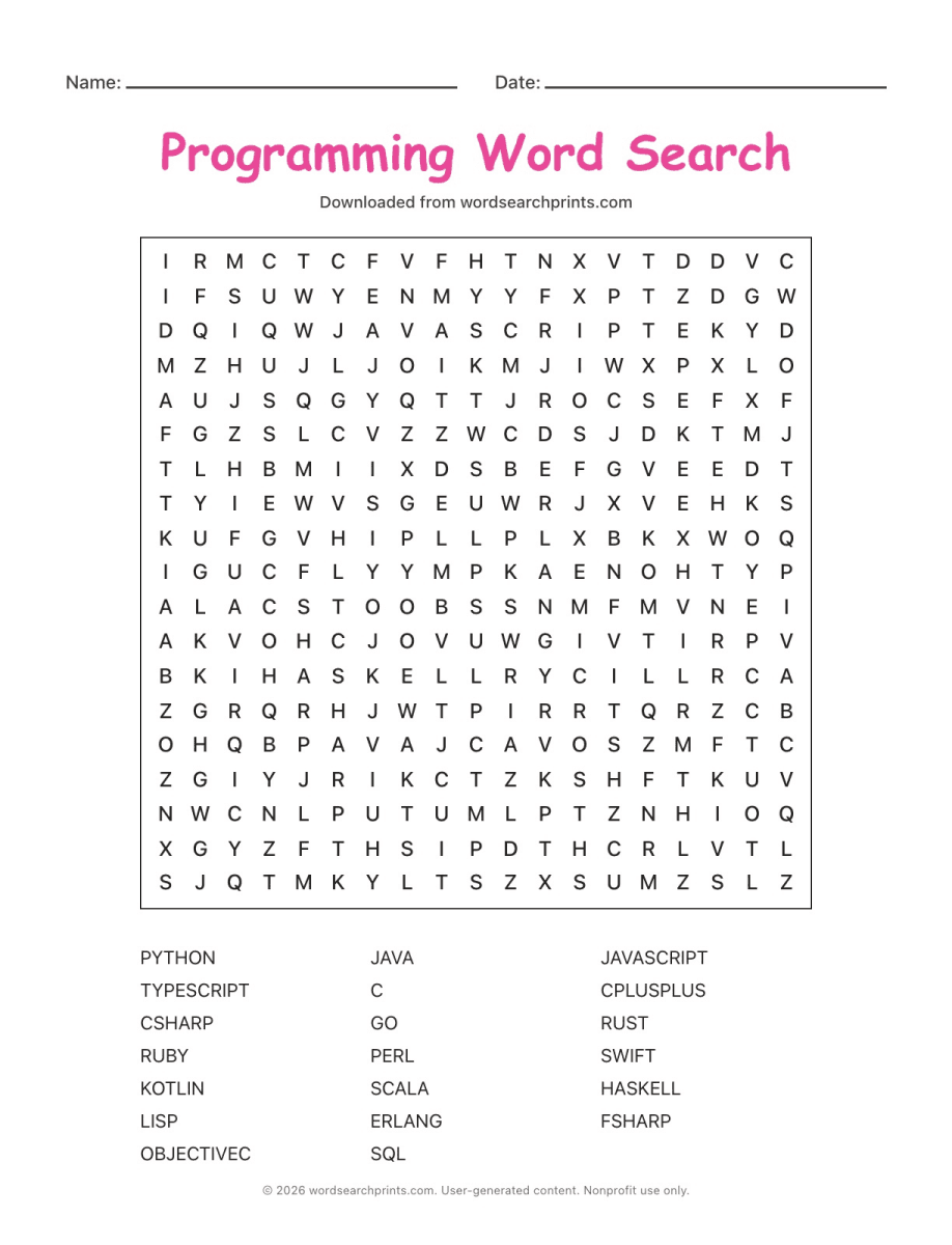 Programming Word Search printable worksheet preview