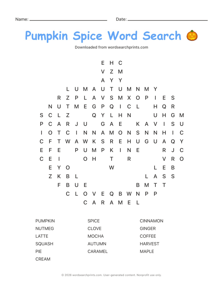 Pumpkin Spice Word Search printable worksheet preview