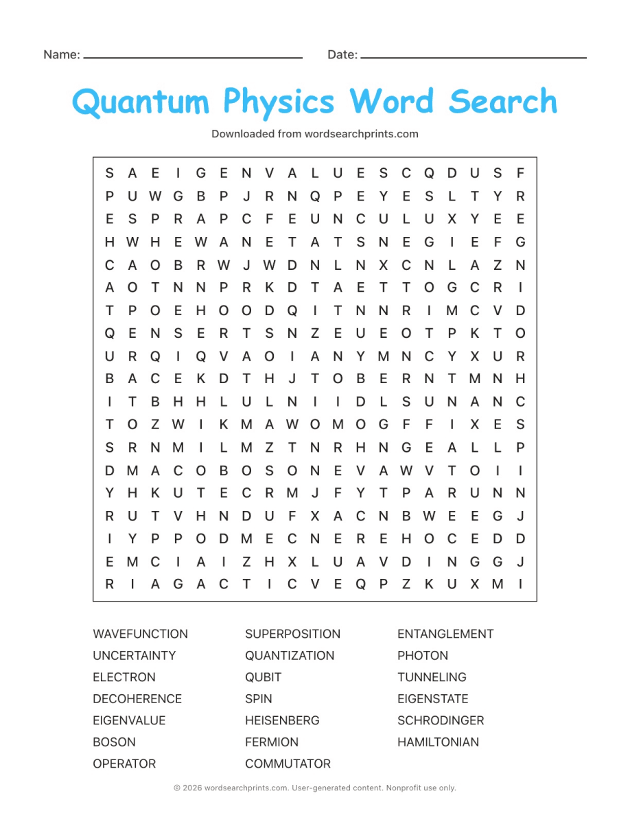 Quantum Physics Word Search printable worksheet preview