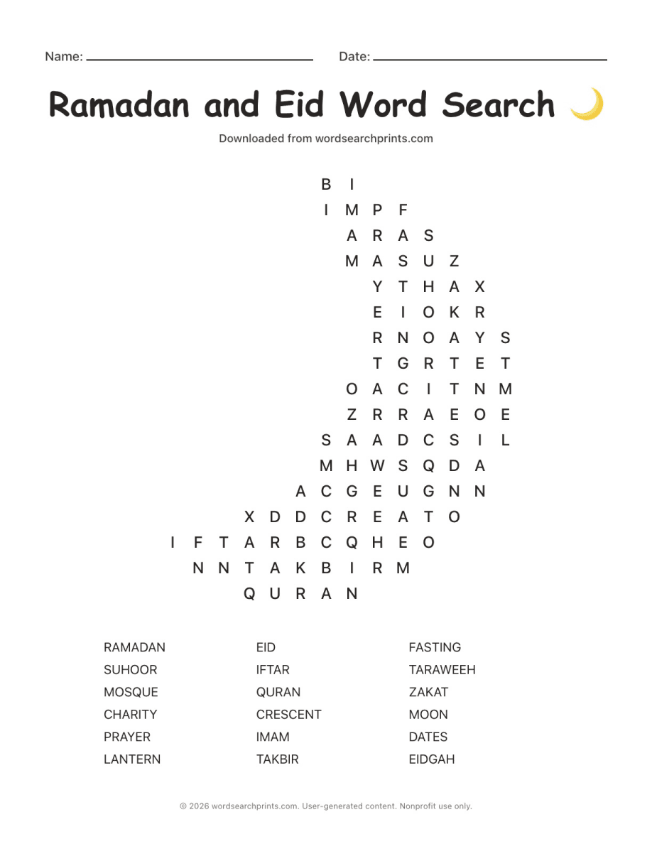 Ramadan and Eid Word Search printable worksheet preview