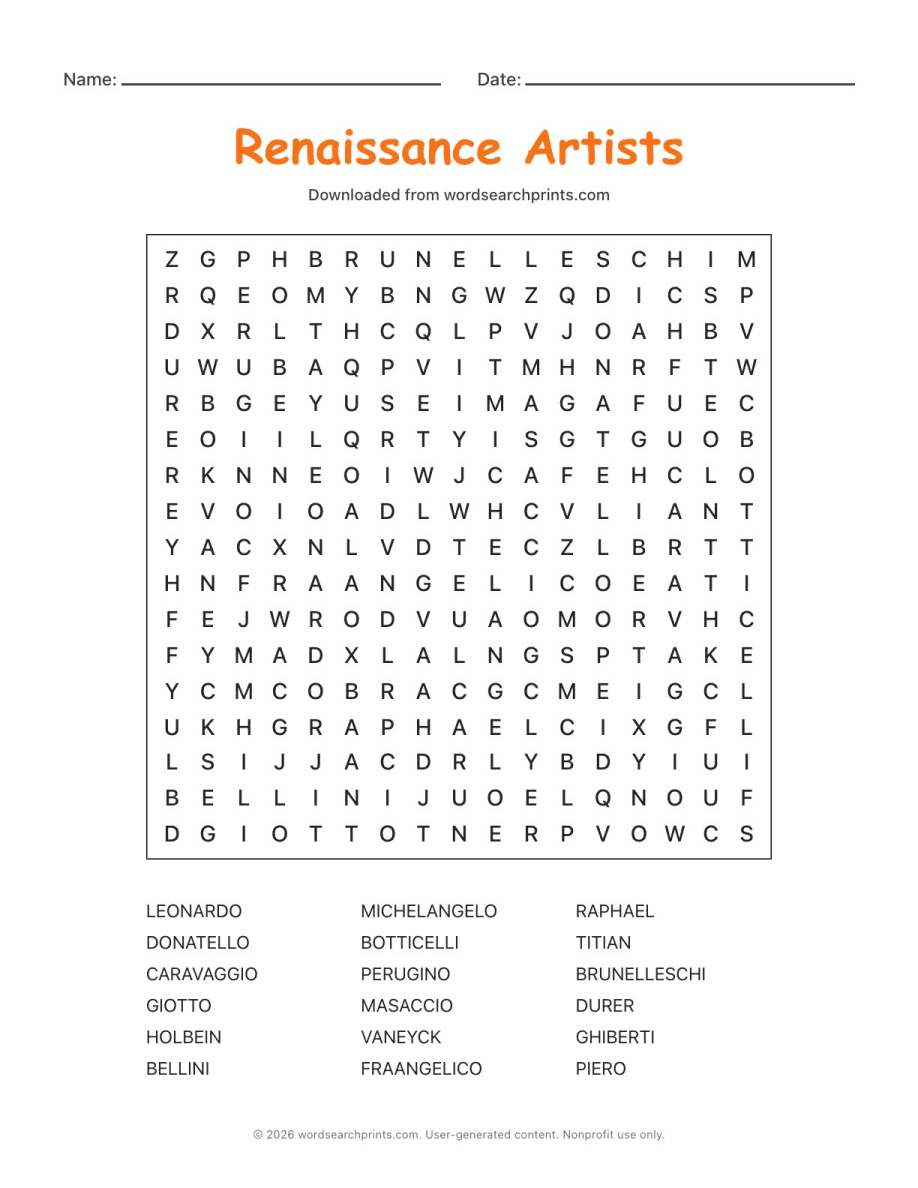 Renaissance Artists Word Search printable worksheet preview
