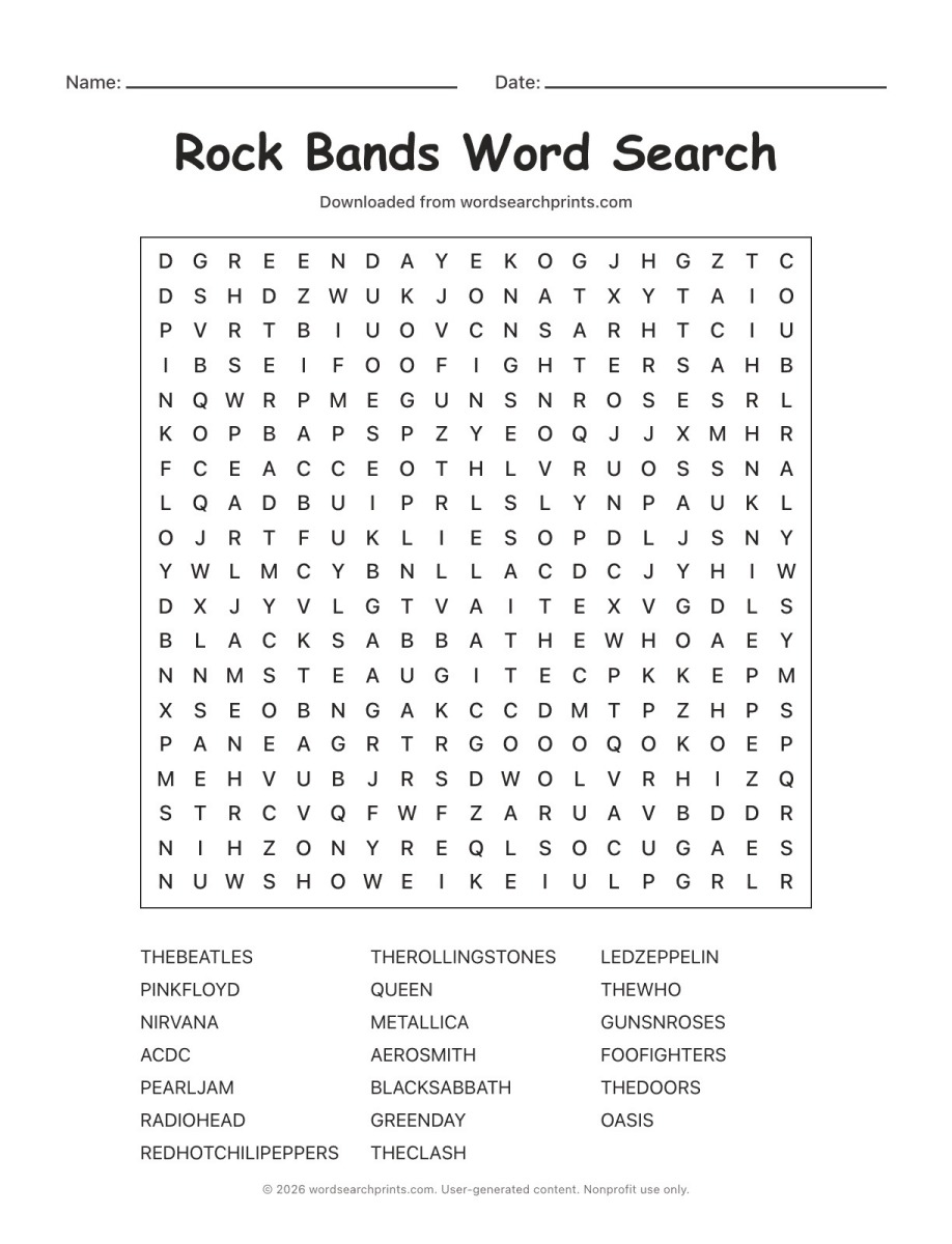 Rock Bands Word Search printable worksheet preview