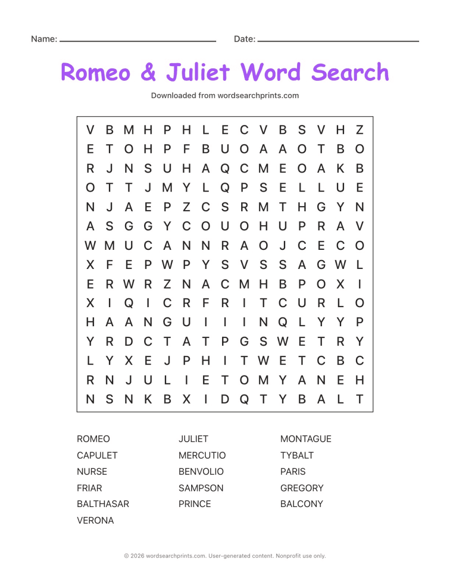 Romeo & Juliet Word Search printable worksheet preview