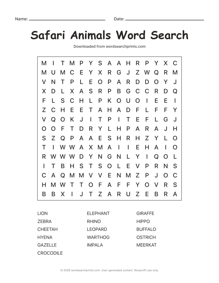 Safari Animals Word Search printable worksheet preview