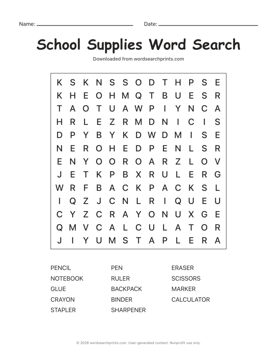 School Supplies Word Search printable worksheet preview