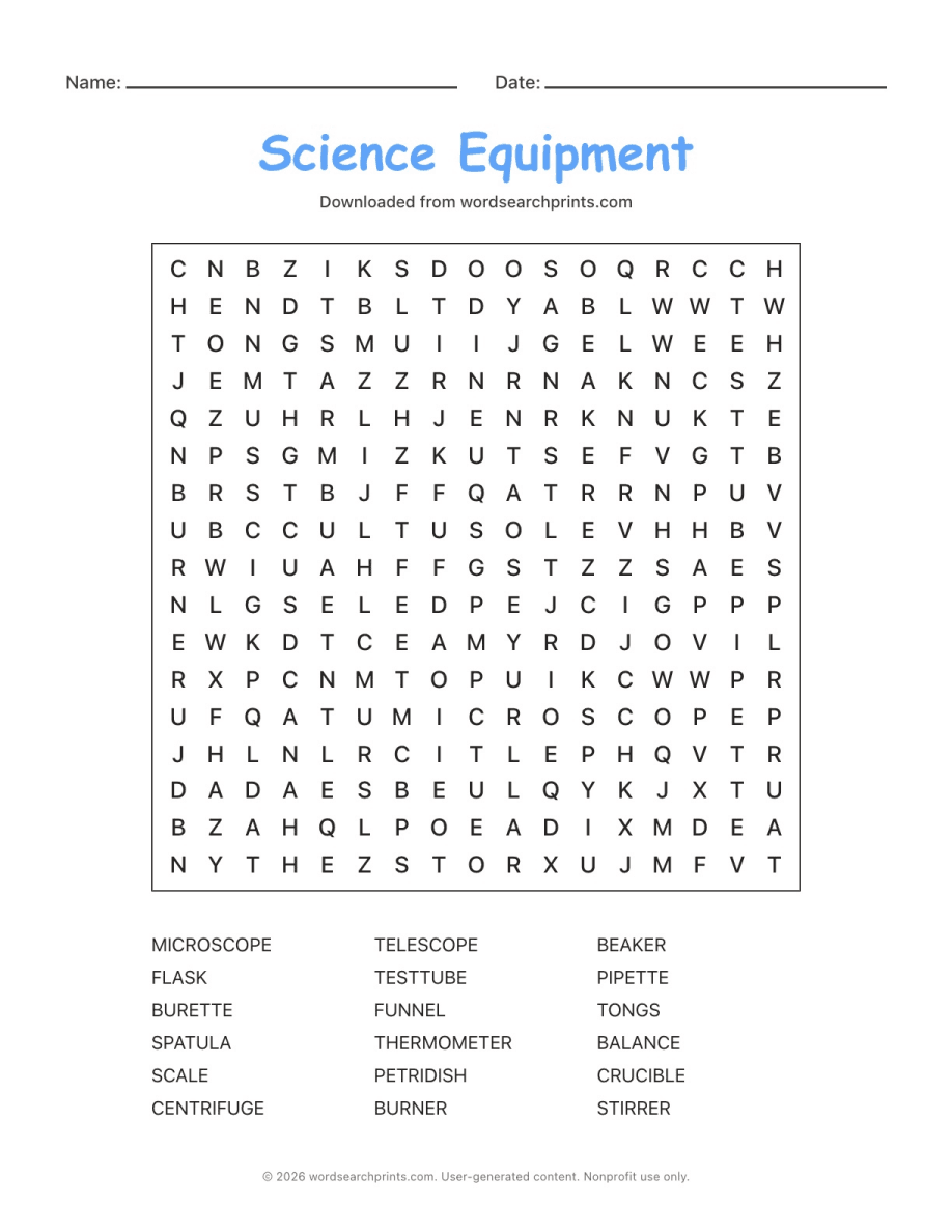 Science Equipment Word Search printable worksheet preview