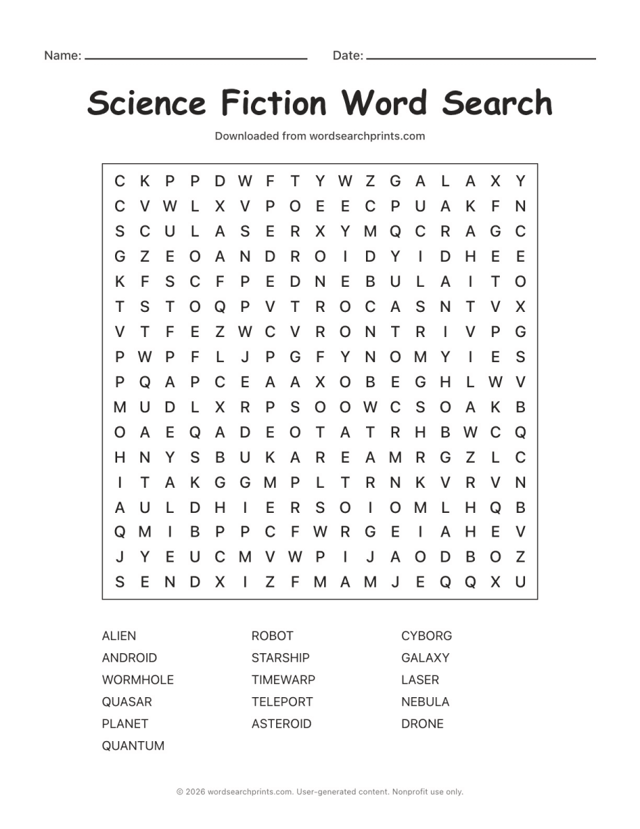 Science Fiction Word Search printable worksheet preview