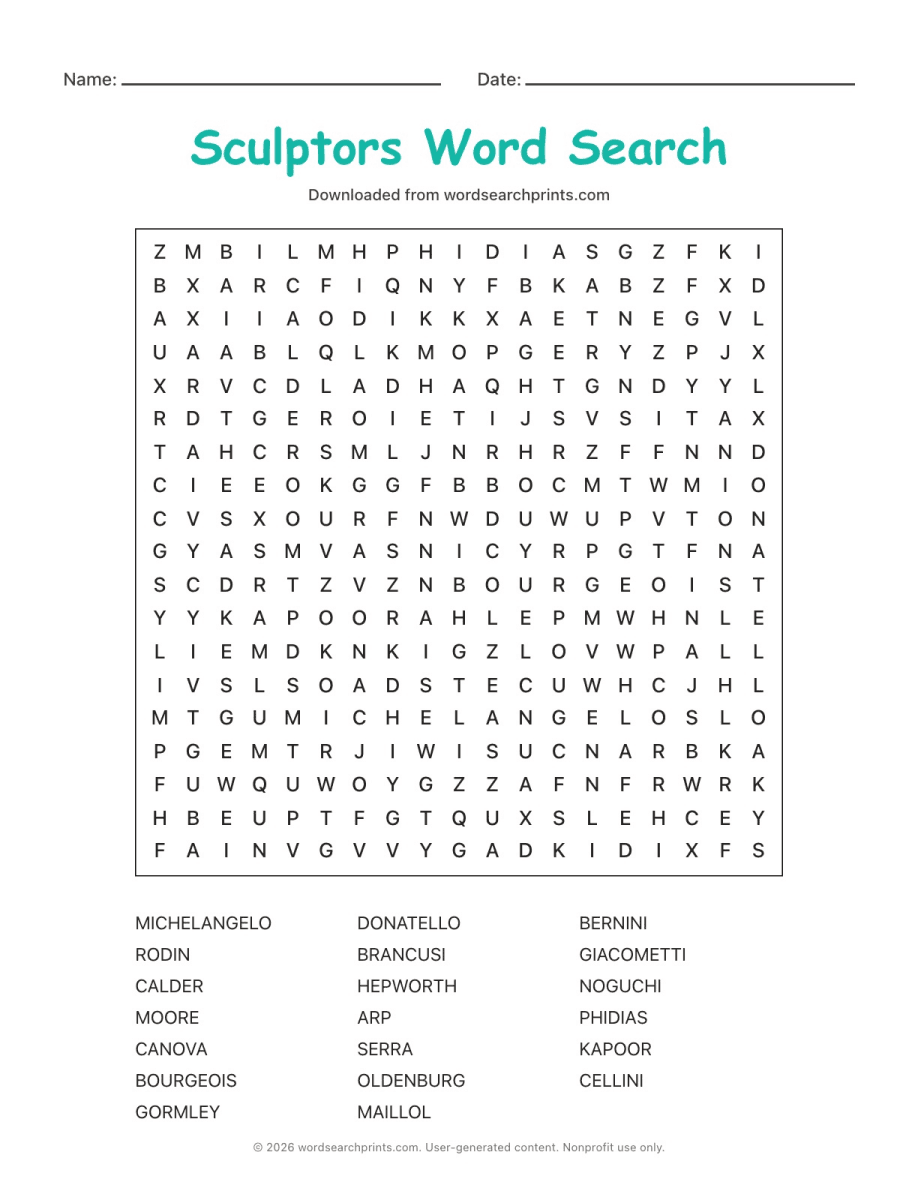 Sculptors Word Search printable worksheet preview