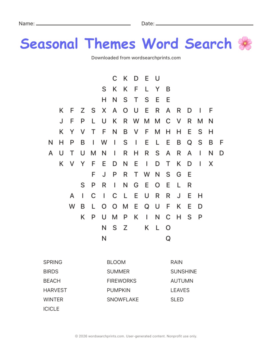 Seasonal Themes Word Search printable worksheet preview