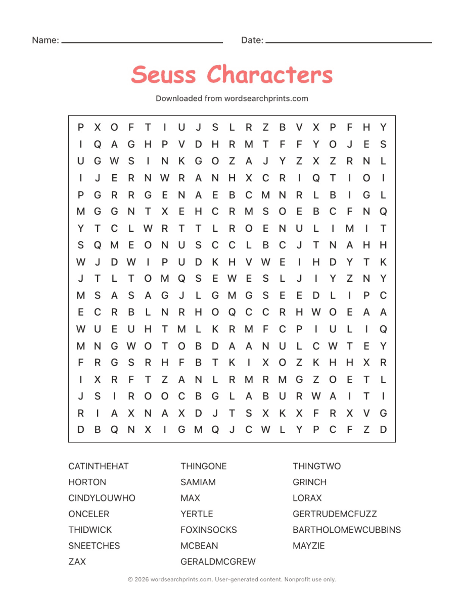 Seuss Characters Word Search printable worksheet preview