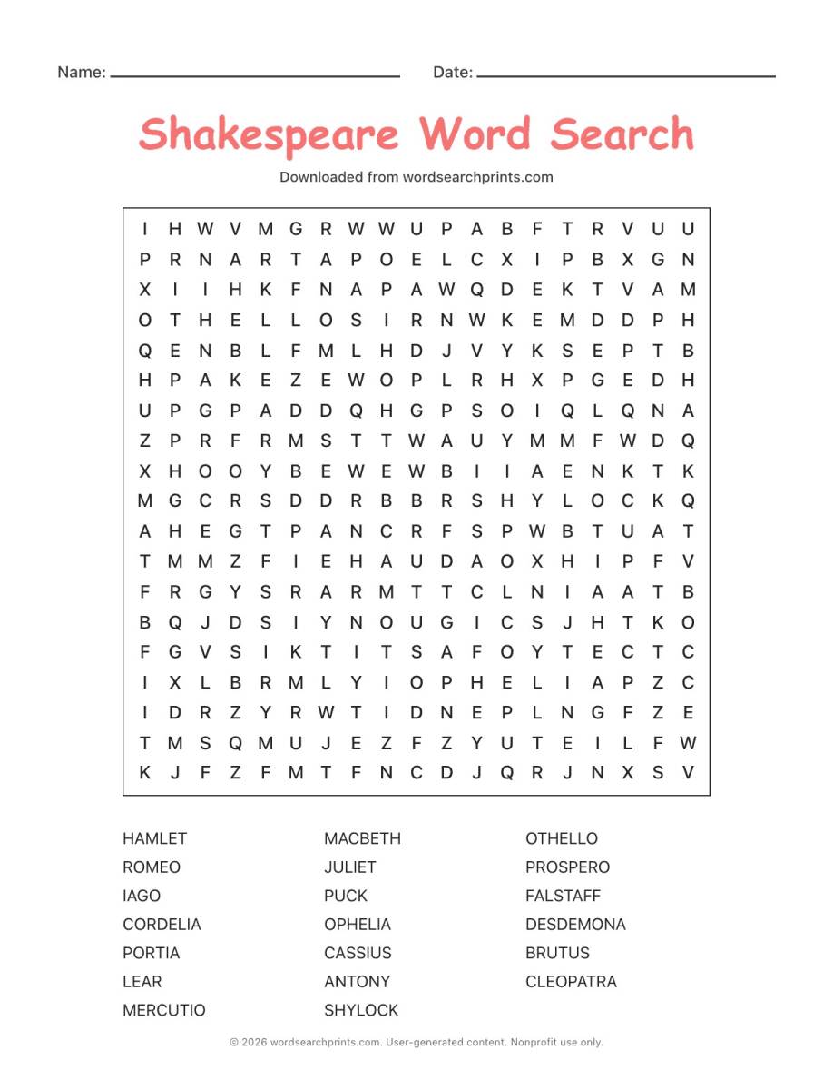 Shakespeare Word Search printable worksheet preview