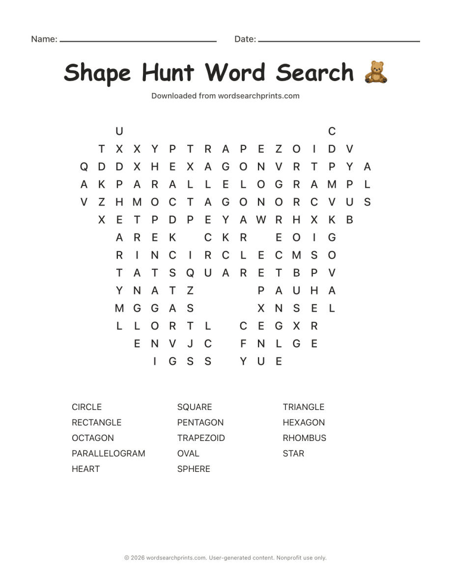 Shape Hunt Word Search printable worksheet preview