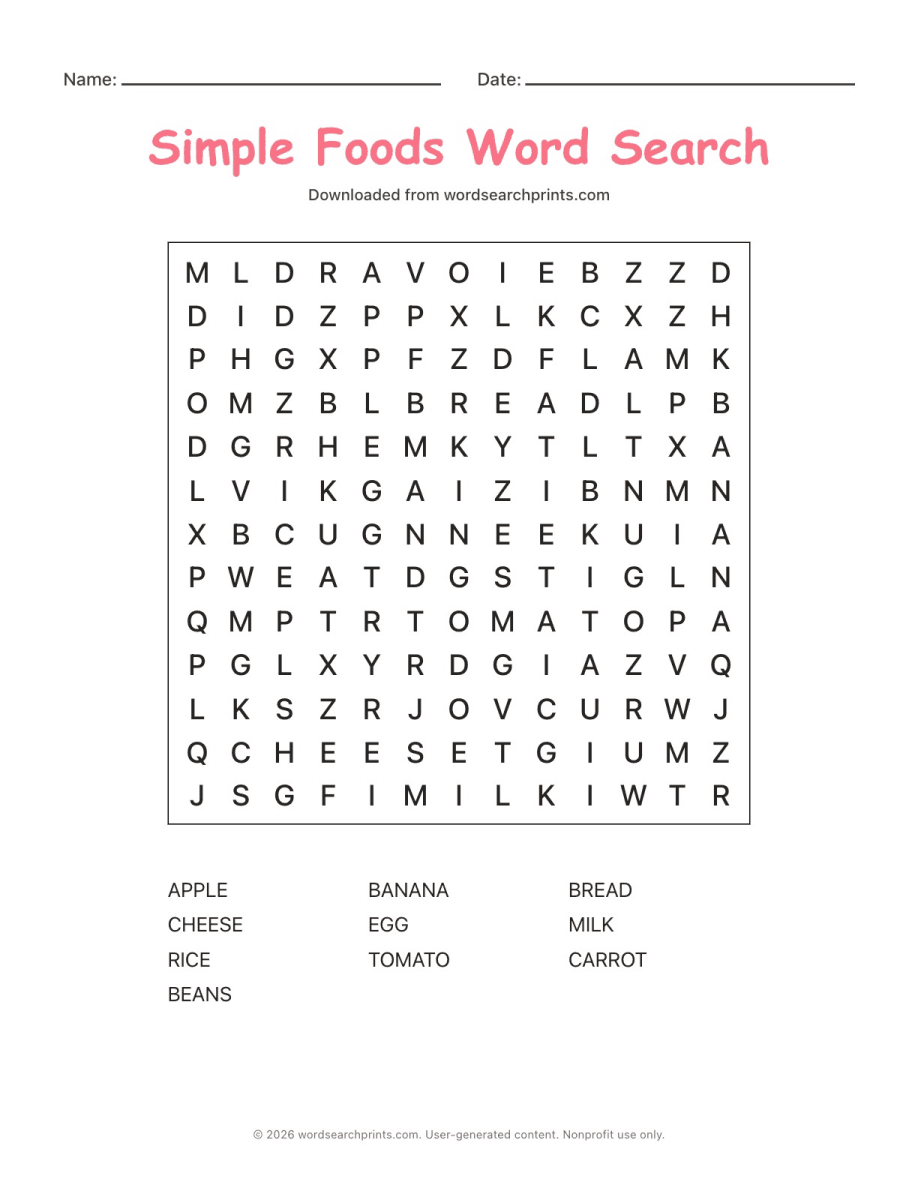 Simple Foods Word Search printable worksheet preview