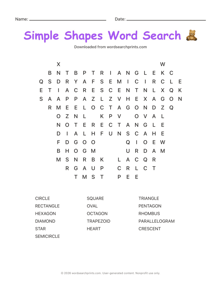Simple Shapes Word Search printable worksheet preview