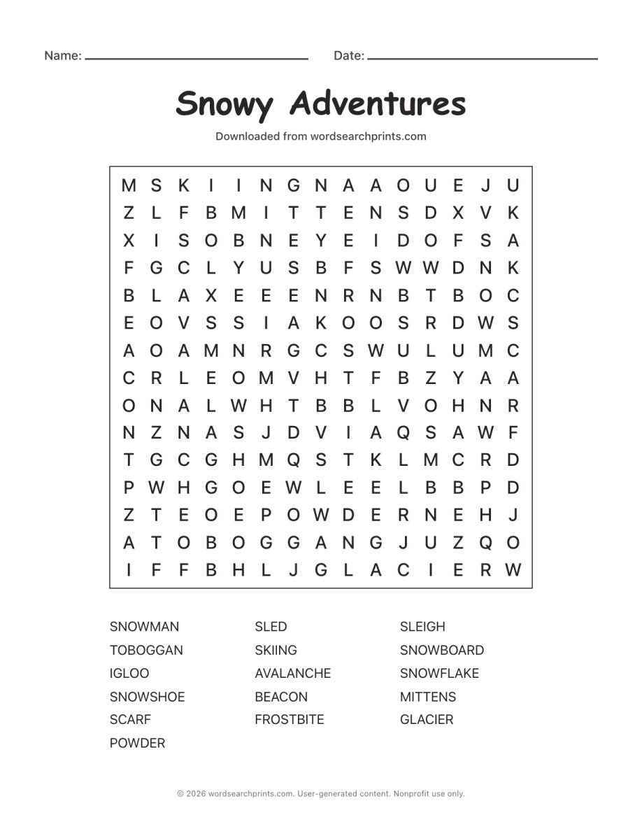 Snowy Adventures Word Search printable worksheet preview