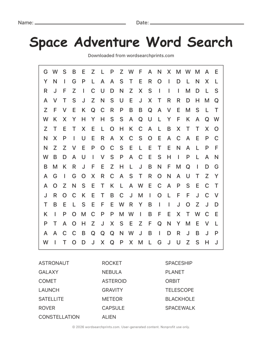 Space Adventure Word Search printable worksheet preview