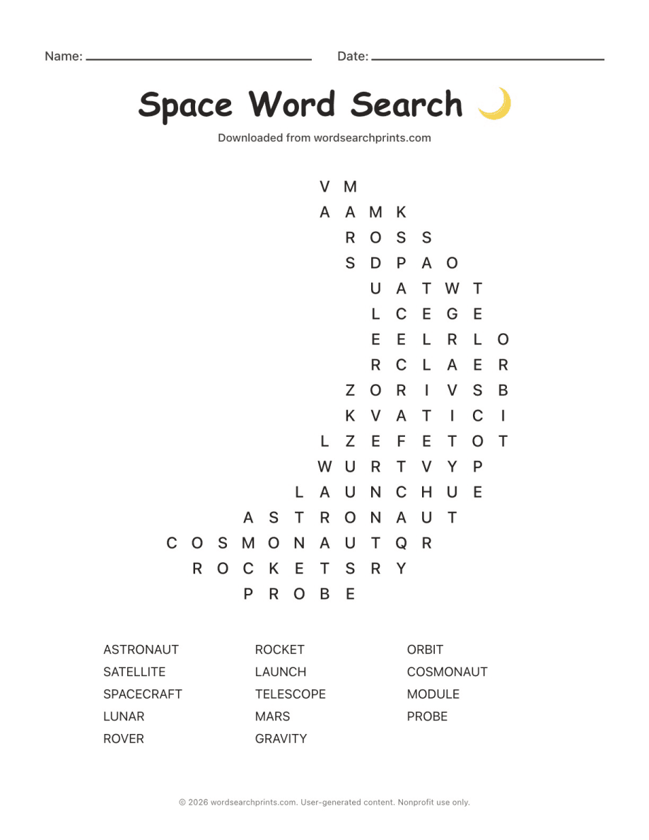 Space Word Search printable worksheet preview