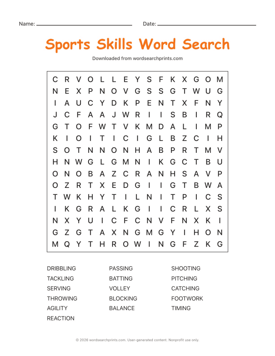 Sports Skills Word Search printable worksheet preview