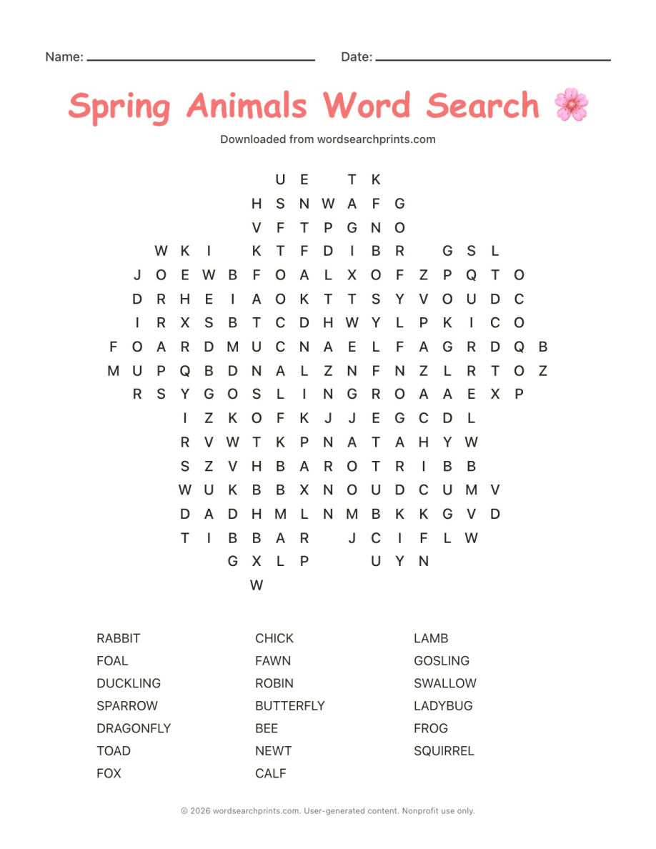 Spring Animals Word Search printable worksheet preview