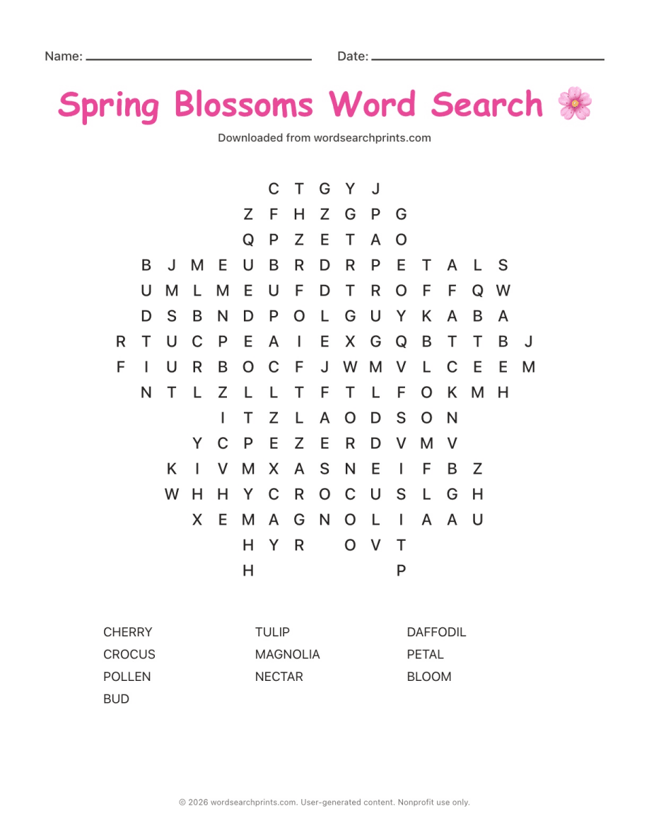 Spring Blossoms Word Search printable worksheet preview