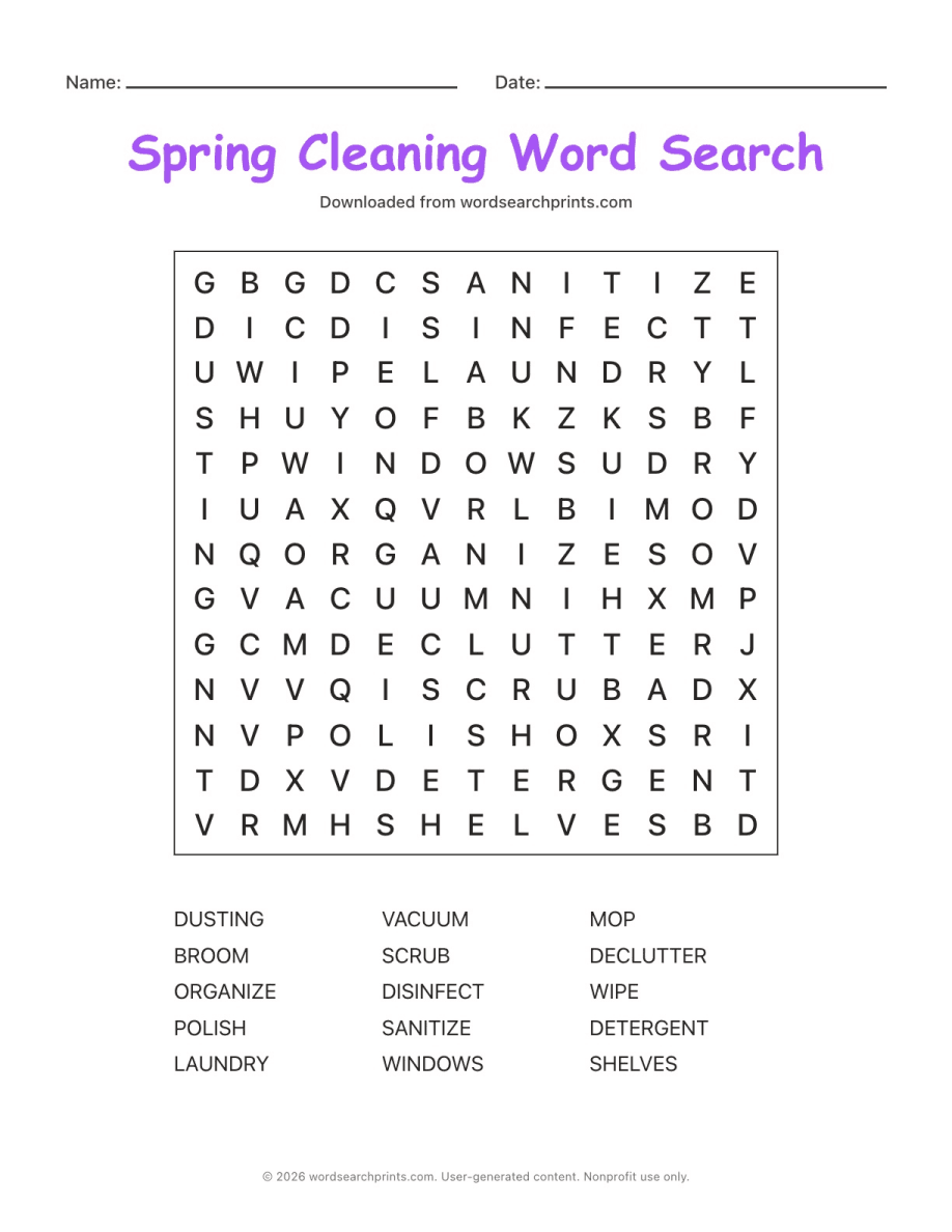 Spring Cleaning Word Search printable worksheet preview