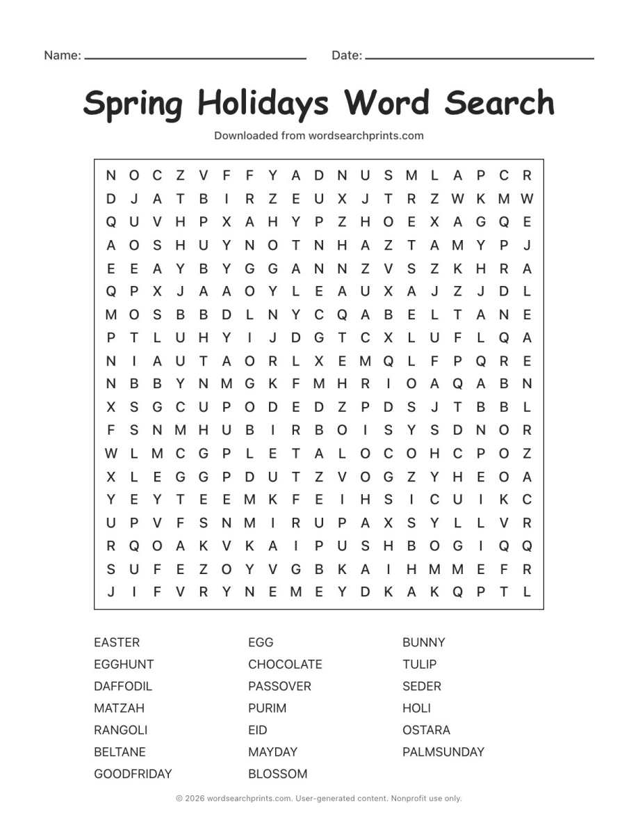 Spring Holidays Word Search printable worksheet preview
