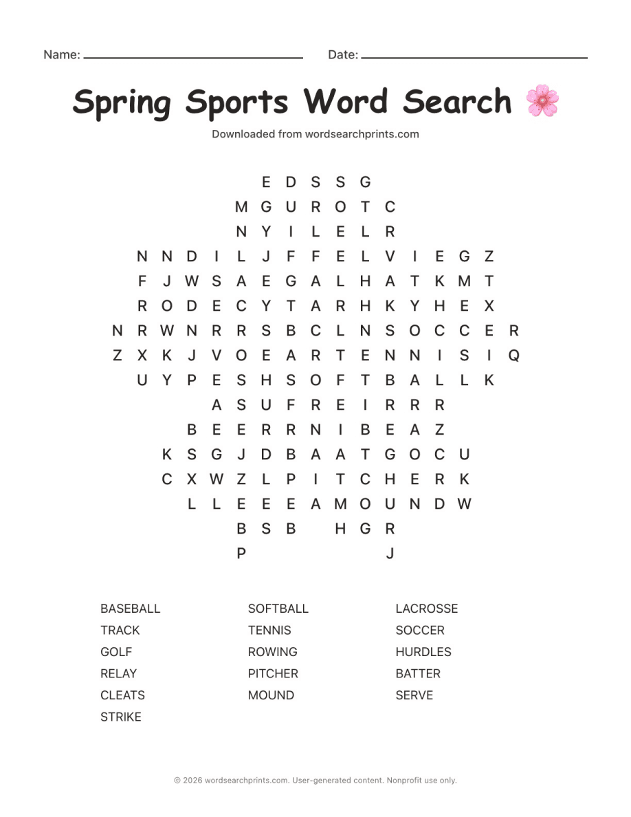 Spring Sports Word Search printable worksheet preview
