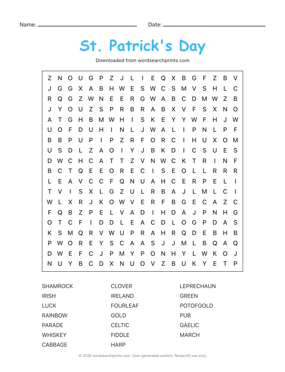 St. Patrick's Day Word Search printable worksheet preview