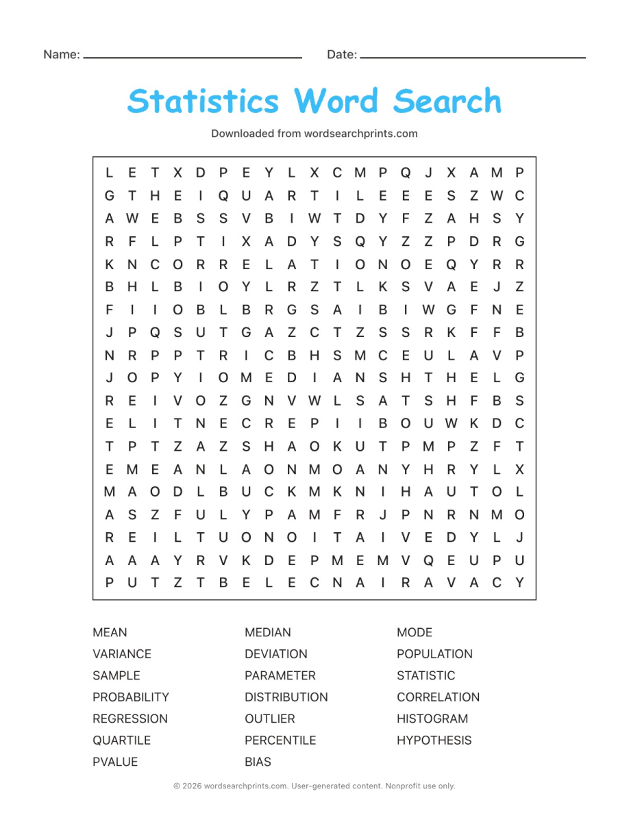 Statistics Word Search printable worksheet preview